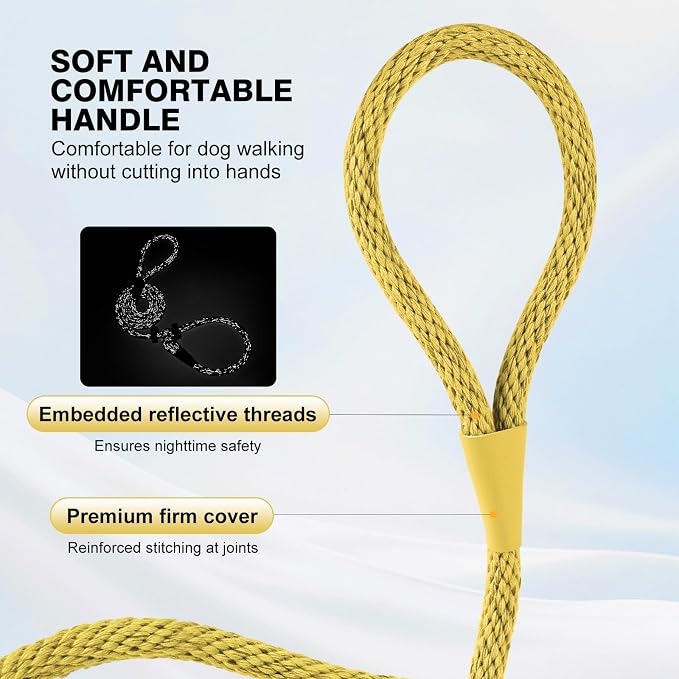 Lynxking Dog Leash Slip Lead Reflective Breathable Rope Comfortable Strong No Pull Slip On Pet Training Lead for Dogs (Yellow, Small 3/8 inch x 6ft)