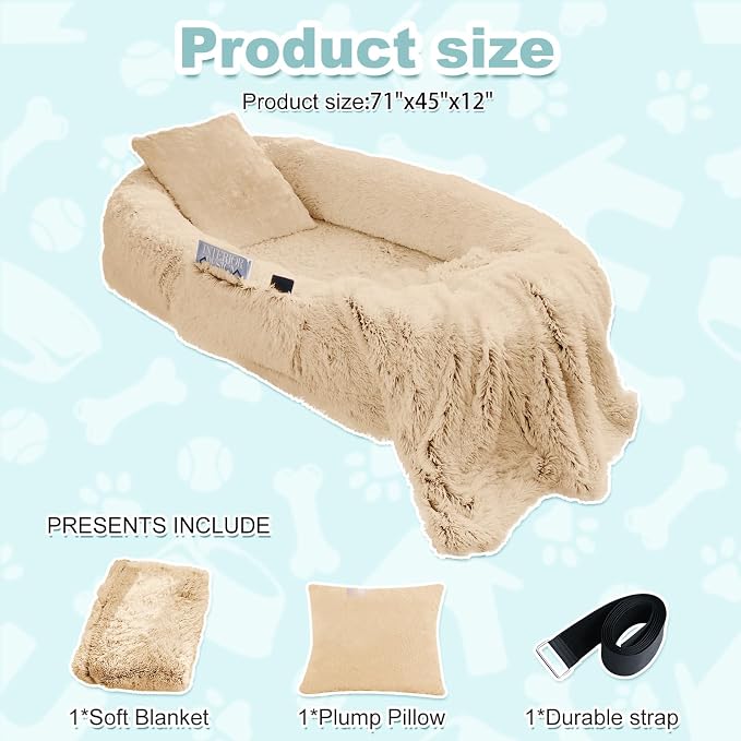 YAEM Human Dog Bed for Adult and Pets - 71"x45"x12" Washable Faux Fur People Dog Beds for Humans, Orthopedic Human Sized Pet Bed with Plump Pillow, Blanket, Beige