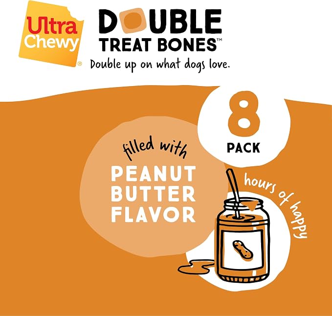 Ultra Chewy Double Treat Bones: Long-Lasting Treats Made in USA for Large and Small Breeds, Highly Digestible, for Aggressive Chewers (Peanut Butter and Chicken Flavor, 2 Packs)