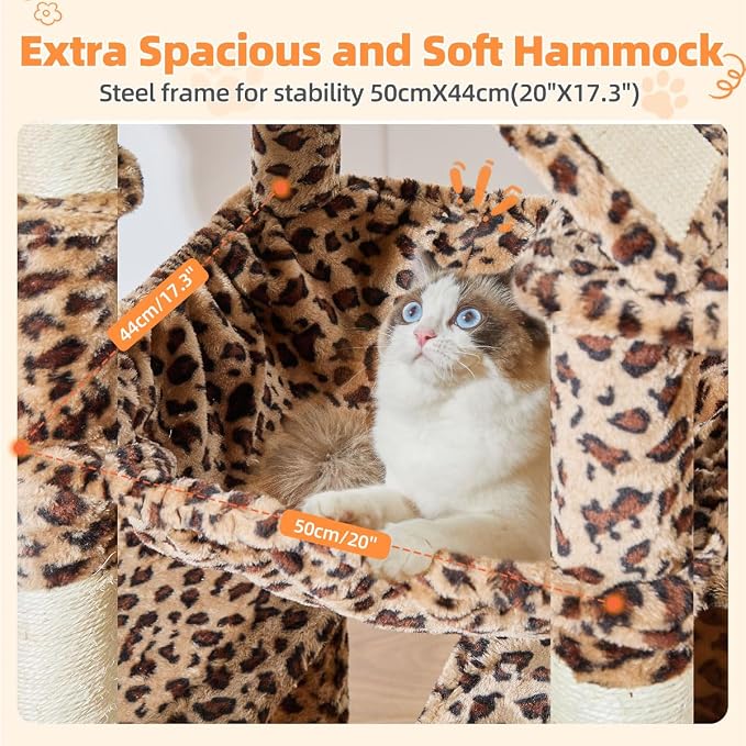 Taoqimiao Cat Tree 71-Inch, Cat Tower for Indoor Cats Large Adult, Multi-Level Large Cat Condo, 8 Sisal Scratching Posts, Metal Frame Cozy Hammock, Scratch Board, 2 Top Perches, Leopard Print MS026LBW