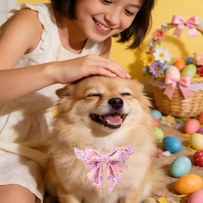 Easter Day Dog Collar with Bow, UP URARA PUP Easter Eggs Adjustable Pet Collar Bowtie with Metal Buckle, Colorful Eggs Cotton Dog Collars for Small Medium Large Dogs, L