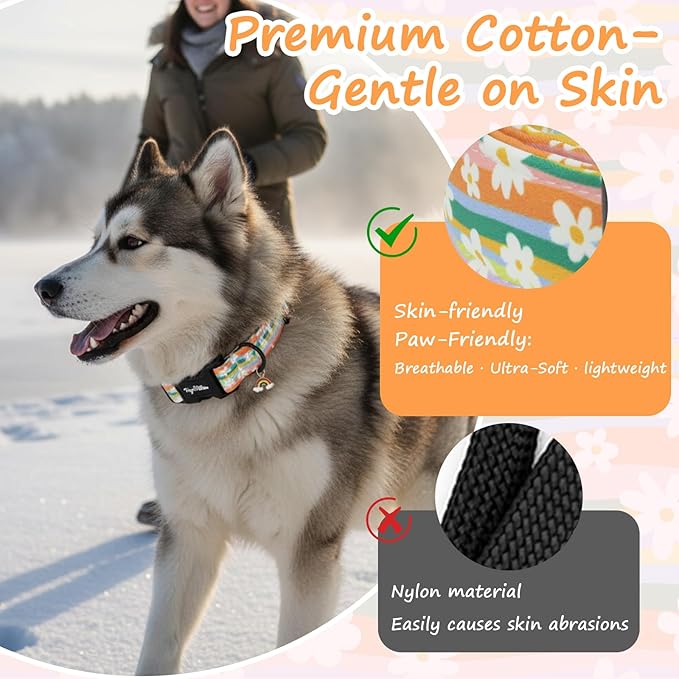 Dog Collar with Rainbows & Flowers Patterns, Spring Summer Collection Dog Collar with Exquisite Pendant, Durable Adjustable Collars for Gifts & Daily Use-S