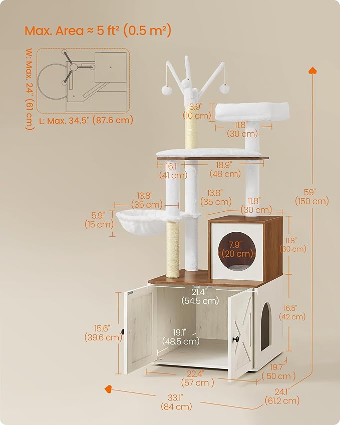 Feandrea Cat Tree with Litter Box Enclosure, 59-Inch Modern Cat Tower, 2-in-1 Condo with Scratching Posts, Washable Removable Cushion, Rustic White and Honey Brown UPCT113W201