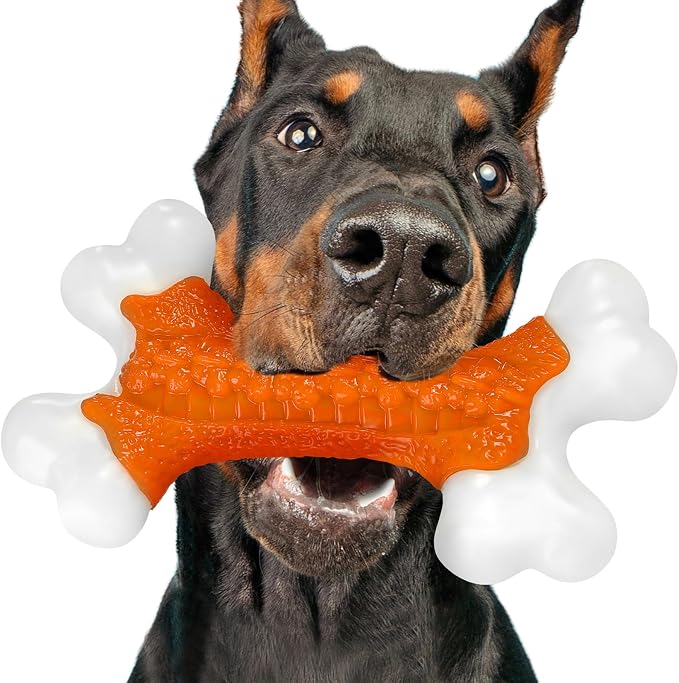 Kseroo Indestructible Dog Toys for Aggressive Chewers: Peanut Butter Flavored Hard Nylon Bone Chew Toys, Tough Dog Chew Toys for Large Dogs, Dog Toys to Keep Them Busy for Medium Large Breed, Orange