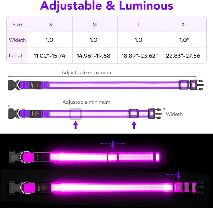 VIZPET LED Dog Collar, Light Up Dog Collar Adjustable USB Rechargeable Super Bright Safety Light Glowing Collars for Dogs (Purple, Small[11.02-15.74 inch/28-40cm])