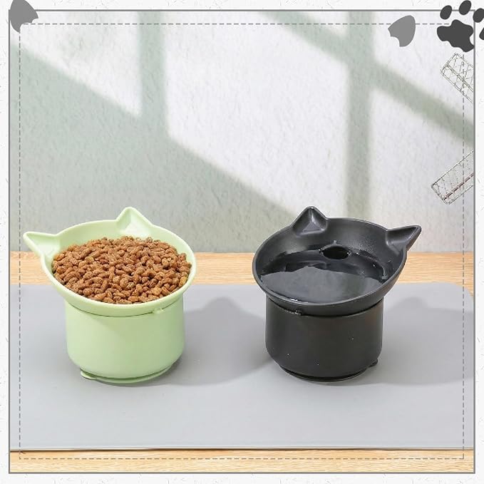 2 Pack Slow Feeder Cat Bowls, Silicone Tilted Raised Pet Bowl with Non Slip Base for Digestion Anti Vomit, Black, Green
