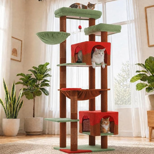 69” Cat Tree for Indoor Cats Large Adult, Multi-Level Cat Tower with Scratching Post, Dual Top Perches, Big Hammock, 2 Condos & Bat Toy Ball, Cat Furniture for Multi-Cat Households, Brown