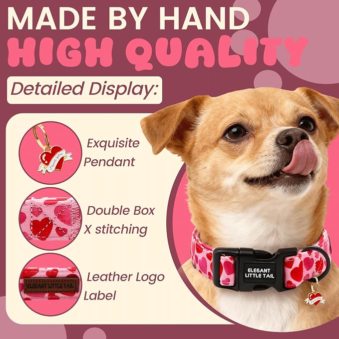 Elegant little tail Valentine's Dog Collar - Red Heart Dog Collars Cotton Puppy Adjustable Pet Collars with Sturdy Quick Release Buckle for X-Small Dogs