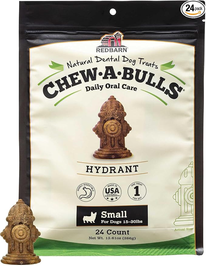 Redbarn Chew-A-Bulls, 24 Pack – Small Hydrant Shape Dog Dental Treats – Daily Oral Care with Fun Ridges & Grooves, All Natural Ingredients, Highly Digestible Chews & Low in Fat