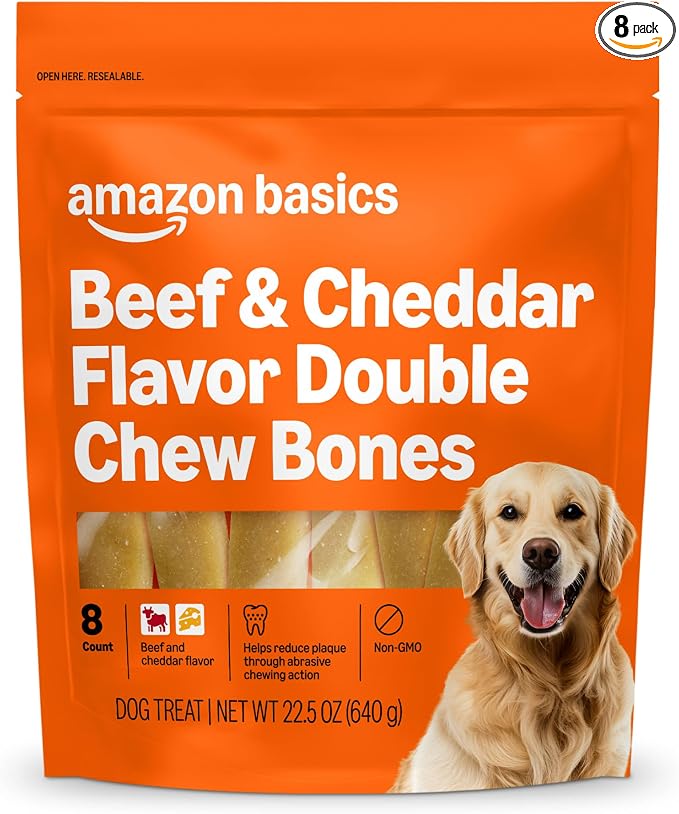Amazon Basics Double Chew Bone Dog Treats, Beef and Cheddar - 8 Count, 1 Pack