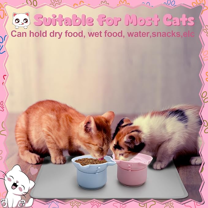 2 Pack Slow Feeder Cat Bowls Silicone Tilted Raised Pet Bowl with Non Slip Base for Digestion Anti Vomit, Pink, Blue