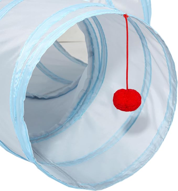 Tempcore Cat Tunnel for Indoor Cats, 3 Way Collapsible Pet Play Tunnel with Teaser Wand, Peek Holes & Hanging Ball, Interactive Tube for Kittens & Rabbits, Light Grey&Blue