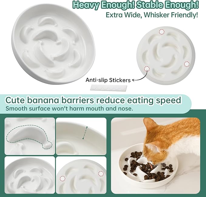 Cat Slow Feeder Bowl Set - 2-Pack Ceramic Cat Dishes for Slow Eating - Whisker-Friendly Cute Maze Bowls for Dry & Wet Food - Microwave & Dishwasher Safe - White and Pink