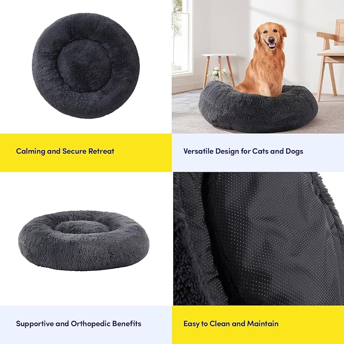 Dog & Cat Bed: Round Faux Fur Pet Bed - Plush, Cozy, & Calming Donut Bed for Large Pets - Soft & Comfortable Sleeping Cushion for Napping & Lounging, 30" Round, Dark Gray