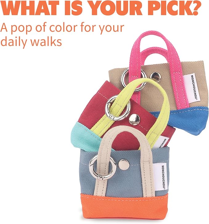 Dog Poop Bag Holder for Leash with 1 Waste Bag Roll, Canvas | Beige Handle, Round Clip, Cotton Pouch, Small Accessory Keychain Bag, Handmade in Korea