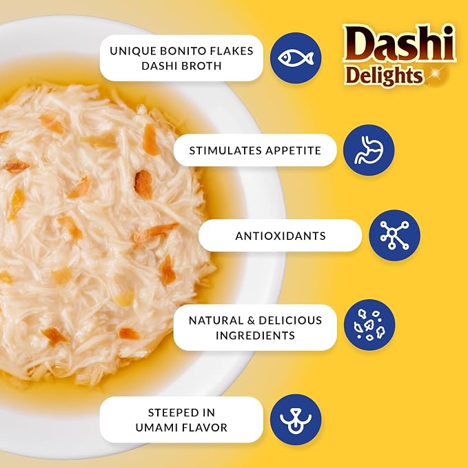 INABA Dashi Delights for Cats, Shredded Tuna Side Dish with Bonito Flake Broth, Cat Food Complement with Taurine & Green Tea Extract, 2.5 Ounce Cup, 12 Cups Total, Tuna Variety