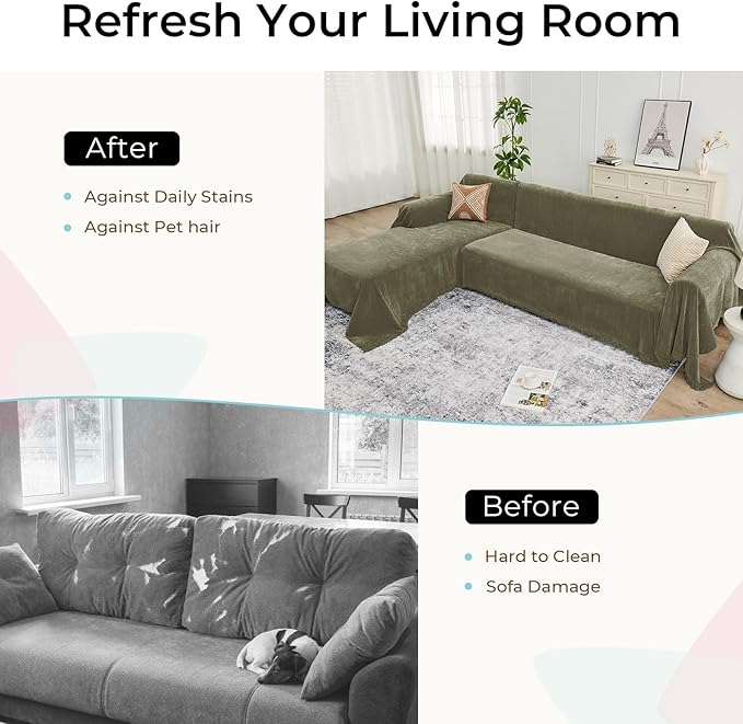 CAPALOCA Sectional Couch Covers, 2 Pieces Chenille Sofa Cover L Shaped Couch Cover Blanket for Dogs Washable Sofa Slipcovers Pet Furniture Protector (XXX-Large: 71" x 118" + 91" x 134", Sage Green)