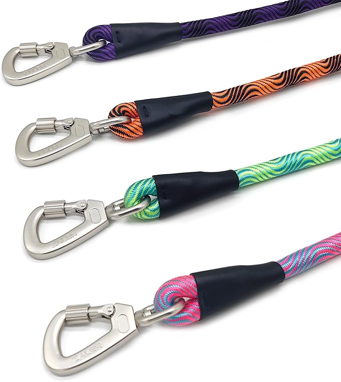 ZALER Rope Dog Leash, 4/5/6/10/15/20/30/50 Foot Heavy Duty Dog Leashes with Carabiner, Nylon Pet Lead for Large and Medium Dogs (4FT, Black Purple)
