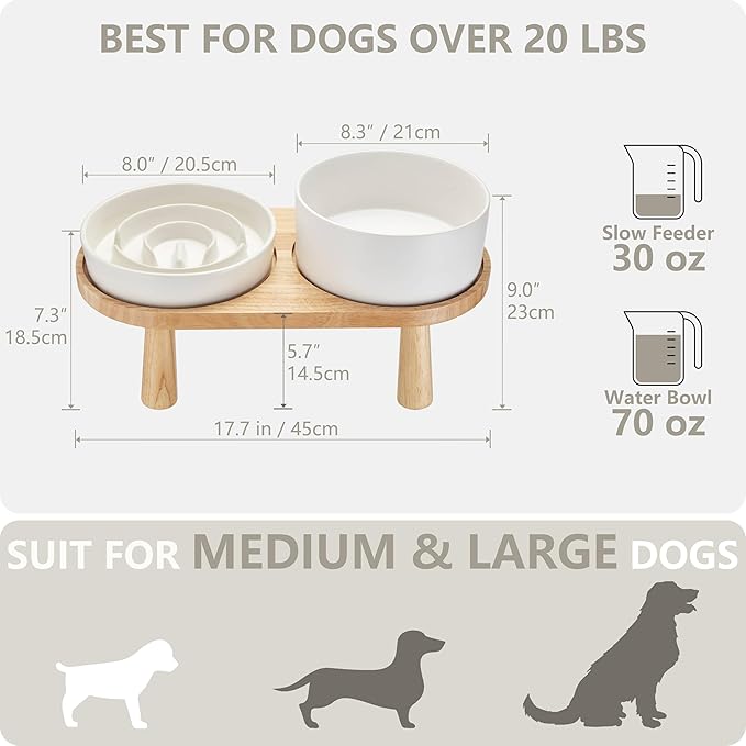 Ceramic Slow Feeder and Water Bowl Set for Medium and Large Dogs, 8.0 Inches Ceramic Dog Bowls Elevated with Wooden Stand, 2.0 Cups Dog Slow Feeder(30oz) and 70oz Water Bowl Set, White