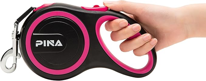 PINA Retractable Dog Leash, 10ft Dog Leash for Small Dogs Up to 33lbs, 360° Tangle-Free Strong Reflective Nylon Tape, with Anti-Slip Handle, One-Handed Brake, Lock - Black Pink