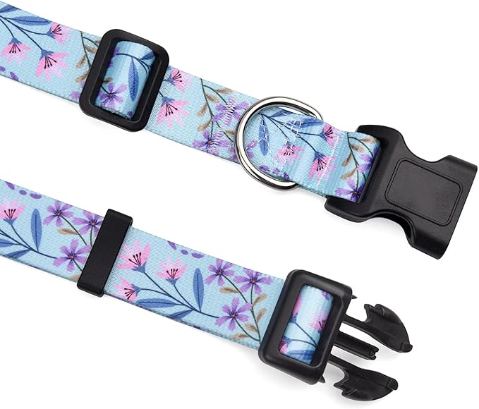 Mihqy Dog Collar and Leash Set with Bohemia Floral Tribal Geometric Patterns - Soft Ethnic Style Collar Adjustable for Small Medium Large Dogs(Pink + Purple Floral Set,L)