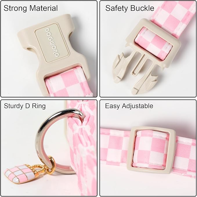 DOGWONG Girl Dog Collar for Small Dogs, Pink Checked Dog Collars, Pink Checked Dogs Collars for X-Small Puppies Dogs, Neck 8-12 inches