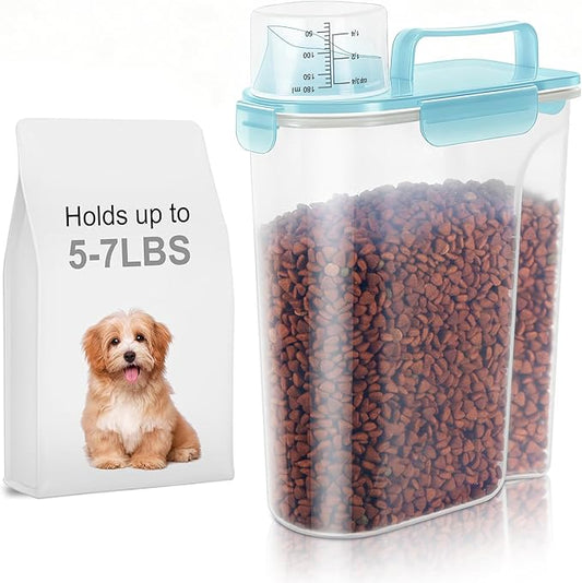 LEAWALK 5-7Lbs Cat Dog Storage Container, Portable Pet Food Containers with Upgraded Large Spout and Cup, Small Animal Kibble Dispenser for Bird Seed, Oatmeal, Rice, Flour-Clear Blue