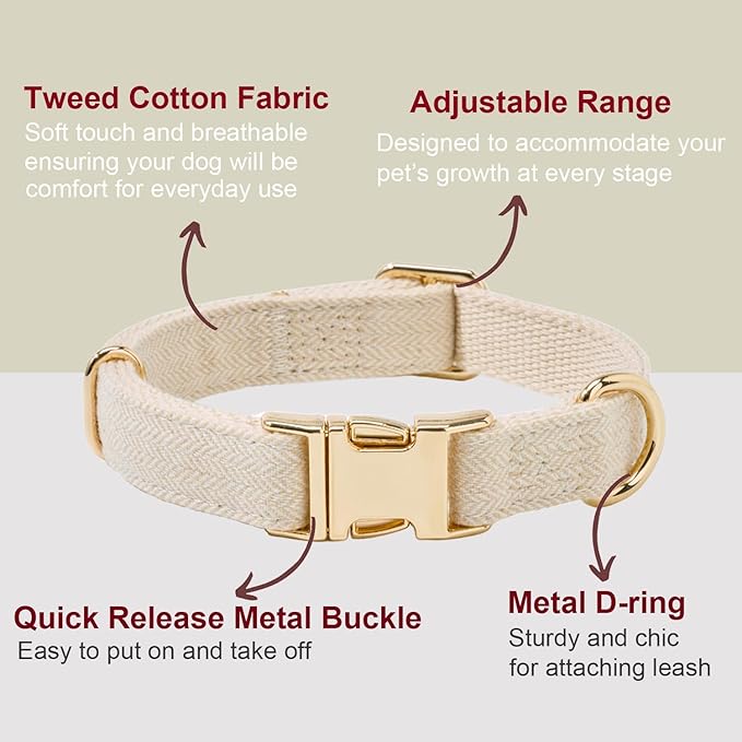 Soft Dog Collar and Leash Set Adjustable Woven Tweed Dog Collars with Metal Buckle and Lead for Small Medium Large Dogs,Beige