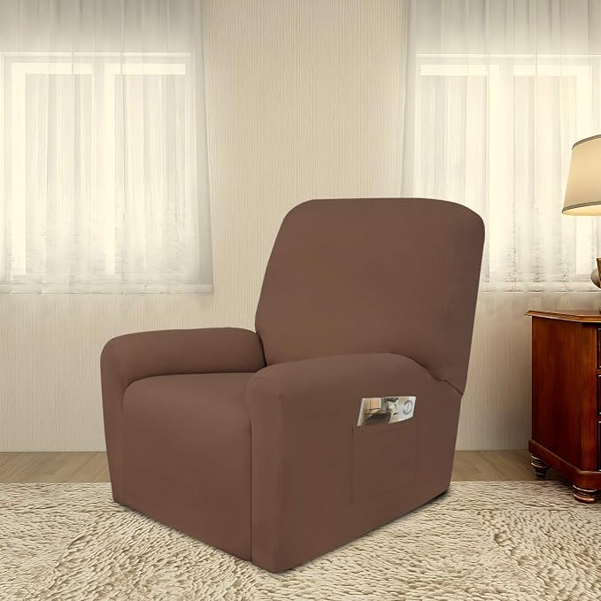 PureFit Super Stretch Recliner Sofa Slipcover with Pocket – Spandex Non Slip Soft Couch Sofa Cover, Washable Furniture Protector with Elastic Bottom for Kids, Pets （Recliner, Brown）