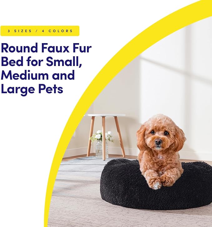 Dog & Cat Bed: Round Faux Fur Pet Bed - Plush, Cozy, & Calming Donut Bed for Small Pets - Soft & Comfortable Sleeping Cushion for Napping & Lounging, 20" Round, Black