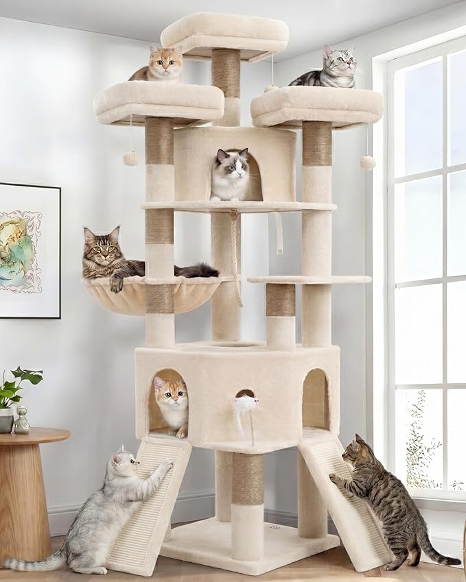 Cat Tree, 81.1-Inch Tall Heavy Duty Cat Tower with Diamond-Shaped Condo for Large Cats, Cat Furniture with 3 Wide Platforms, 2 Sisal Scratchers, Hammock & Stable Base, Beige VCT032MJ