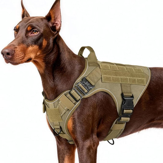 rabbitgoo Tactical Dog Harness for Large Dogs, No Pull Upgraded Reflective Heavy Duty Molle Vest with Handle, Adjustable Military Service Dog Vest for Walking Hiking Training, Brown, L