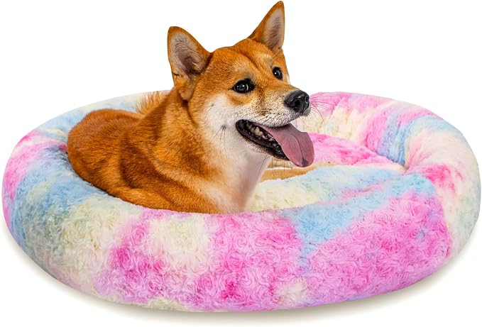 Calming Dog Bed for Medium Dogs Cats, Puppy 31'' Round Anti-Anxiety Warm Fluffy Plush Faux Fur Bed, Soft Anti-Slip Donut Washable, Cozy Medium Puppy Bed, Fits up to 50 lbs Pets