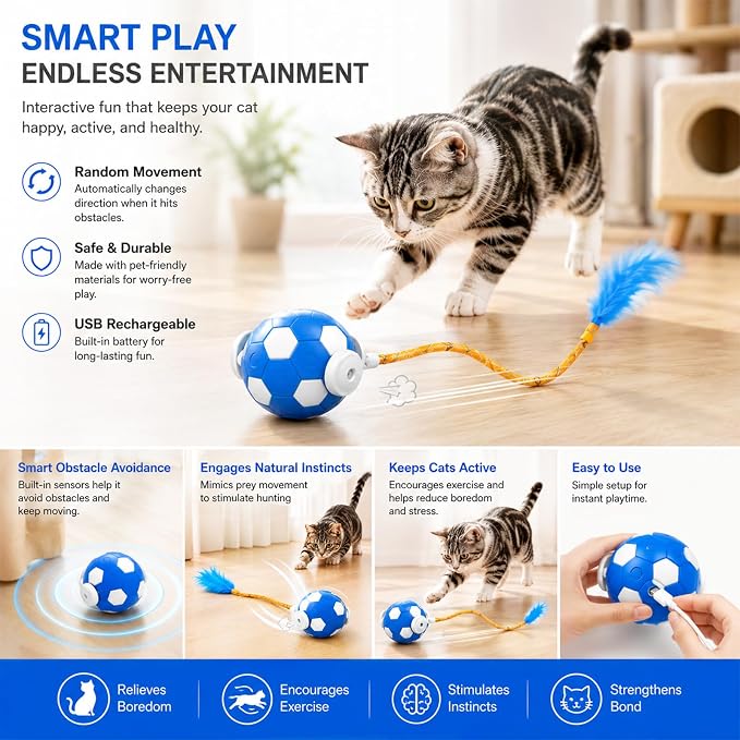 Interactive Cat Toys with Feather Tail, 3 in 1 Automatic Moving Cat Ball, USB Rechargeable Smart Rolling Pet Toy with Obstacle Avoidance for Indoor Cats, Kittens & Small Dogs
