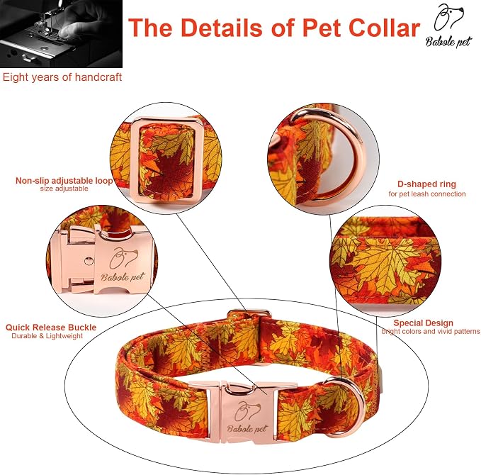 Fall Dog Collar for Small Dogs - Gold Maple Leaves Tanksgiving Puppy Collar, Adjustable Heavy Duty Fall Festivel Cotton Dog Collars with Metal Buckle S