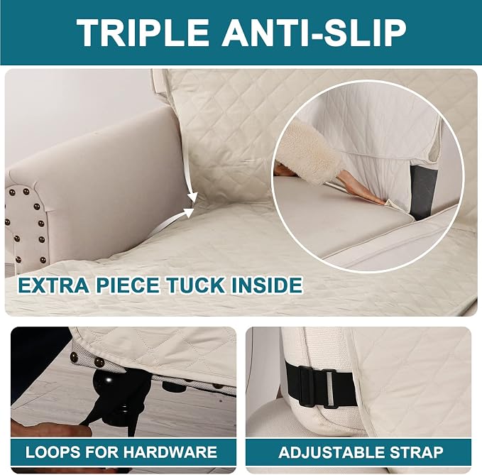 Turquoize 100% Waterproof Sofa Covers Chaise Lounge L Shape Sofa Protector Slip Cover Triple Non-Slip Sofa Slipcover for Sectional Couch Cover for Pets, Kids (Chaise, Ivory)