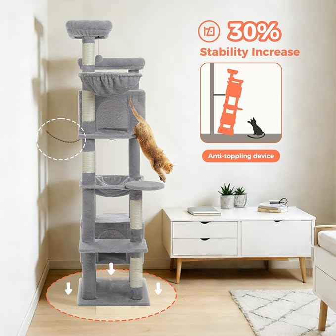 69” Tall Cat Tree for Indoor Cats Large Adult, Multi-Level Cat Tower with Scratching Post, Dual Top Perches, Big Hammock & 2 Spacious Condos, Cat Furniture for Multi-Cat Households, Grey