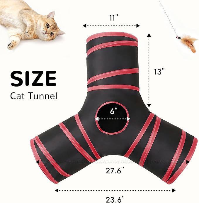 Tempcore Cat Tunnel for Indoor Cats, 3 Way Collapsible Pet Play Tunnel with Teaser Wand, Peek Holes & Hanging Ball, Interactive Tube for Kittens & Rabbits, Black & Red