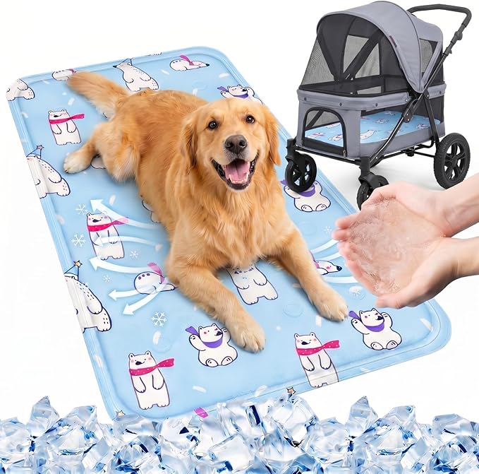 Nuanchu Dog Stroller Cooling Mat, Waterproof Gel Pet Cooling Pad for Summer, Washable Cat Sleeping Blanket, Portable Ice Gel Travel Mat for Cats, Crates, Car Seat(23.62 x 35.43 Inches,Colorful Bear)