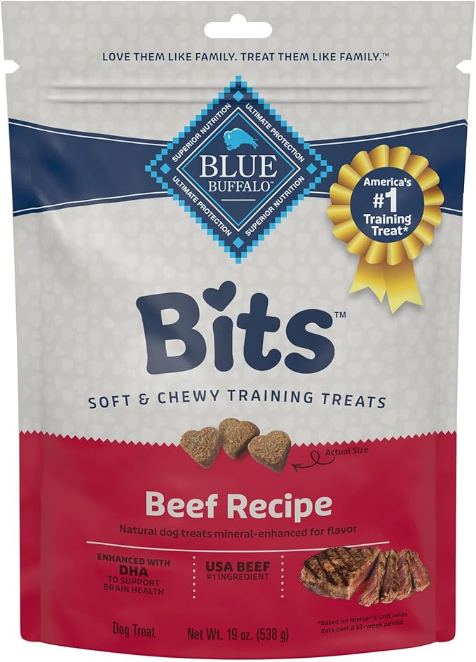 Blue Buffalo Bits Beef Soft & Chewy Dog Treats, Bite-Sized for Training, Made with Real Beef & Enhanced with DHA, Heart-Shaped Dog Treats, Made in the USA with Natural Ingredients, 19 oz.