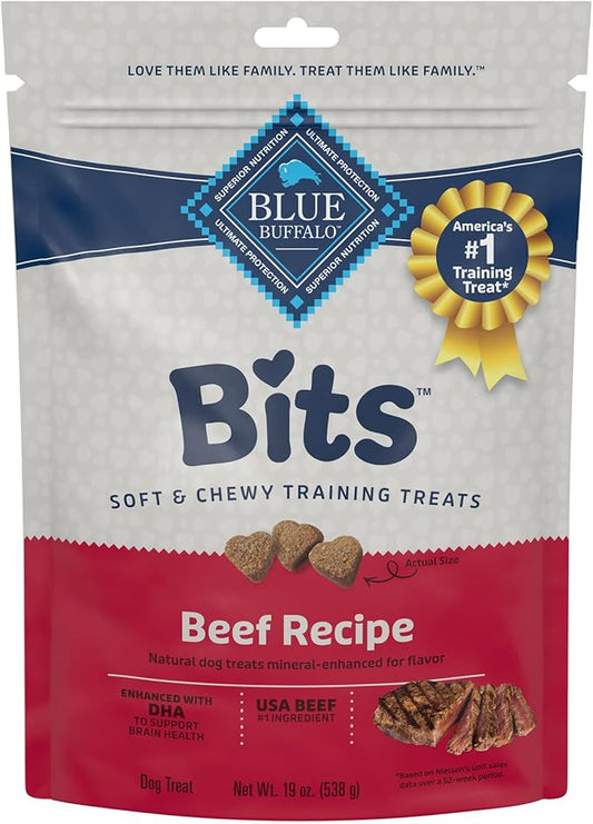 Blue Buffalo Bits Beef Soft & Chewy Dog Treats, Bite-Sized for Training, Made with Real Beef & Enhanced with DHA, Heart-Shaped Dog Treats, Made in the USA with Natural Ingredients, 19 oz.