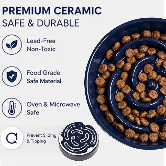 Slow Feeder Dog Bowls, Ceramic Slow Feeding Bowl for Small and Medium Breed, Anti Choking Puzzle Dog Food Bowl with Non-Slip Base for Fast Eater (Blue, S-0.6CUP)