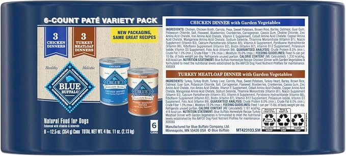 Blue Buffalo Homestyle Recipe Chicken and Turkey Wet Dog Food for Adult Dogs, 12.5 oz. Cans, 6 Count Variety Pack