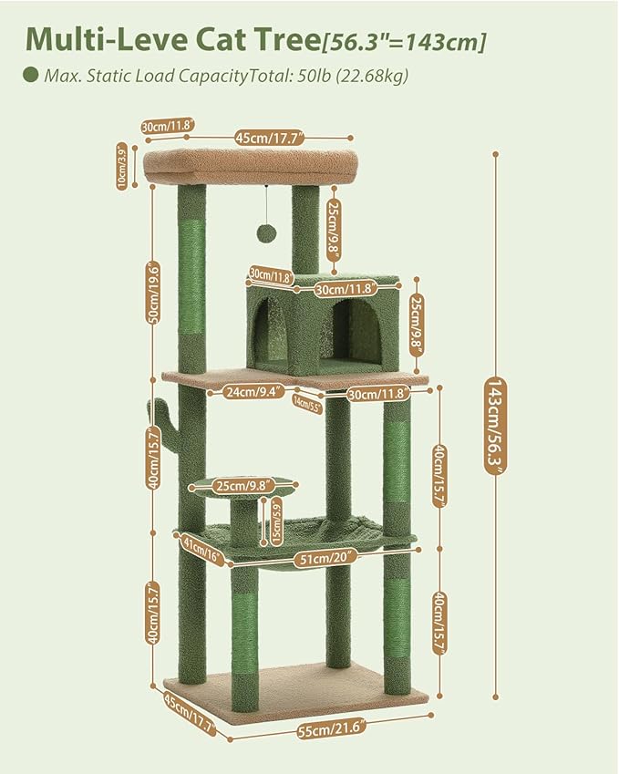 MUTTROS Cactus Cat Tree for Large Cats with Metal Plush Big Hammock, 56.3" Cat Tower for Indoor Cats with 2 Door Condo House, 6-Tier Cat Shelves with Scratching Posts and Large Top Perch,Green