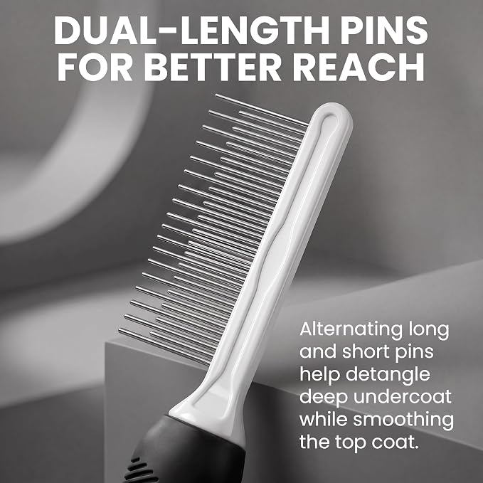 POODLIE Poodle Pet Dog Combs for Grooming Matting - Metal Comb for Dogs with Long & Short Stainless Steel Teeth - Dematting Comb for Cats to Remove Matted Hair & Knots, Black