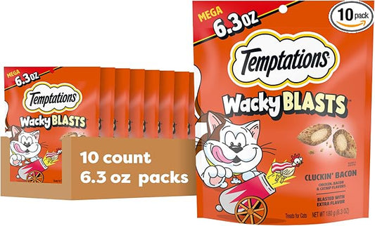 Temptations Wacky Blasts Cat Treats, Cluckin’ Bacon Flavor, 6.3 oz. Pouch (Pack of 10)