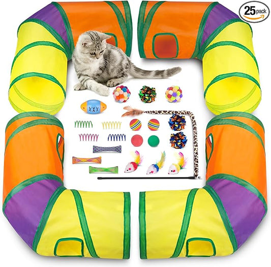 Retro Shaw Cat Toys Pack 25Pcs, Interactive Kitten Toys for Indoor Kittens Cats, Collapsible Kitty Play Tunnel Tent Feather Wand Balls Bell Springs Mouse Kitty Toys for All Breeds (4 Tunnel)