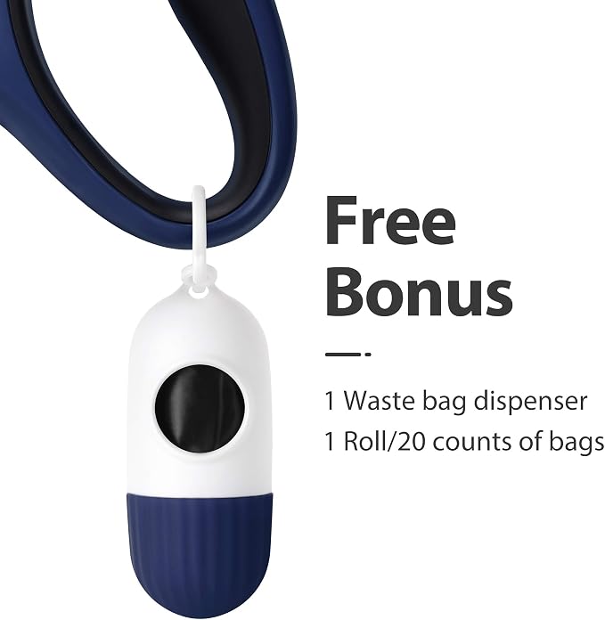 Fida Retractable Dog Leash with Dispenser and Poop Bags, 16 ft Pet Walking Leash for Medium Dog or Cat up to 44 lbs, Anti-Slip Handle, Tangle Free, Reflective Nylon Tape (M, Navy Blue)