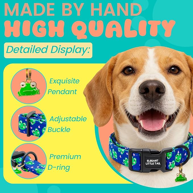 Elegant Little Tail Summer Dog Collar, Cute Green Frog Pattern Soft Cotton Pet Collars with Sturdy Quick Release Buckle Male Adjustable Pet Collar for Small Medium Large Dogs