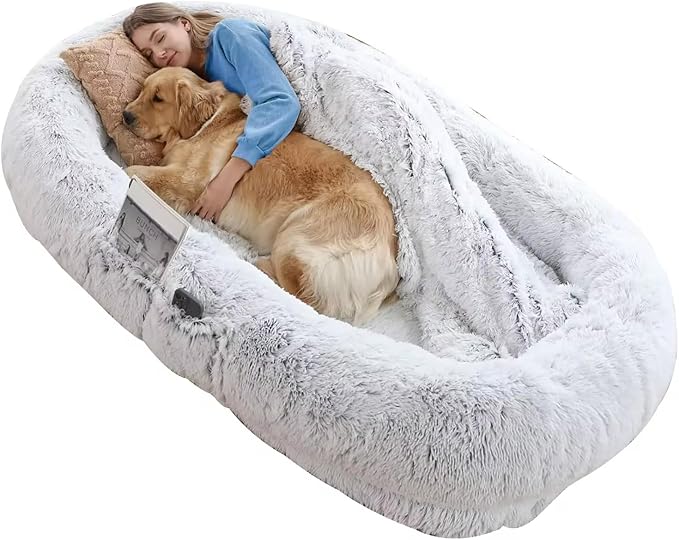 Human Dog Bed for Adults, 71"x45"x14" Giant Fluffy Dog Bed for Humans, Washable Faux Fur Napping Bed, Orthopedic Human Pet Bed with Non-Slip Bottom